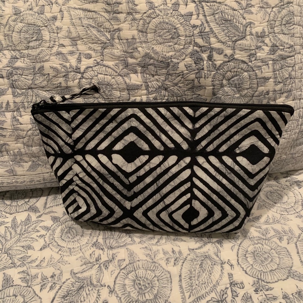 Queen Alaffia cosmetic bag in black and white